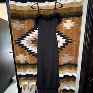 Elegant Black Feather-Trimmed Jumpsuit